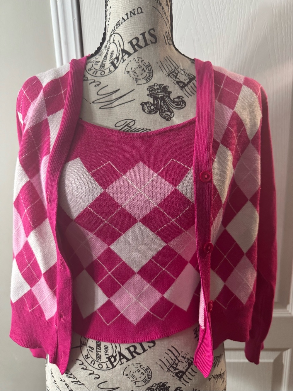 Say What? Pink Argyle Knit Tank and Cardigan Set